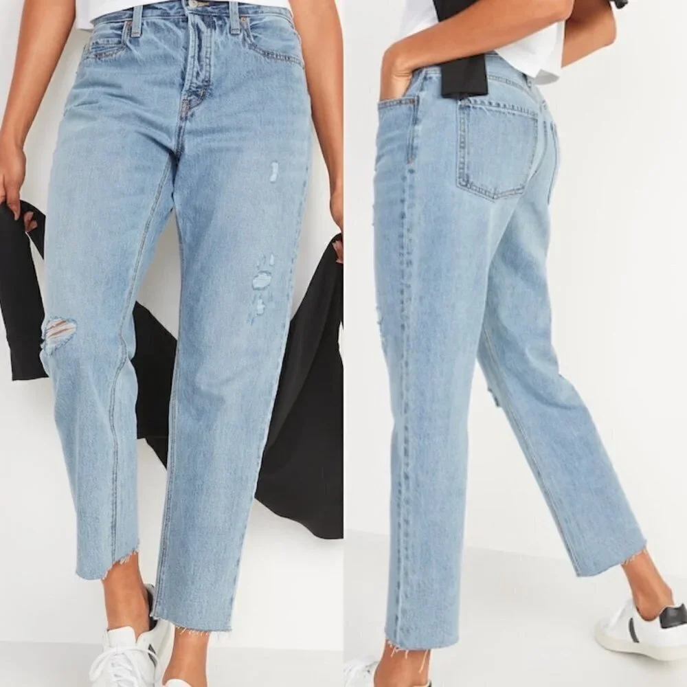 Old Navy Womens Light Distressed High Rise Raw Hem Straight Boyfriend Jeans Sz 4